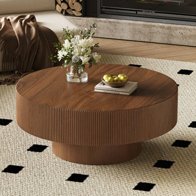 Elegant Easy Assembly Round Coffee Table with 6.8" Thick Tabletop, Modern Drum End Table, Minimalist Fluted Centre Table with Sturdy Base for Living Room, Walnut, 31.5"W*13.7"H