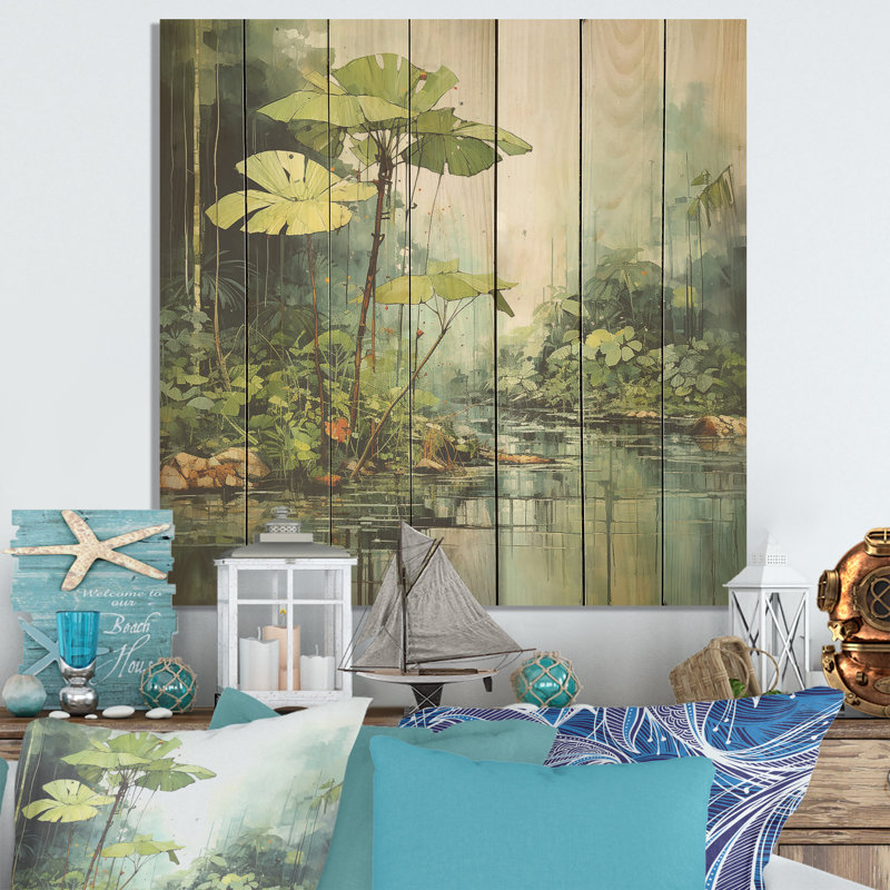 Tropical Jungle River II - Coastal Tropical On Wood Print, 15" H x 15" W