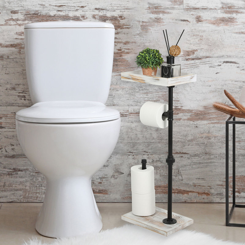 Free Standing Toilet Roll Holder with Tray, White Wash