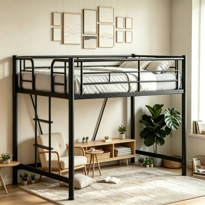 Structure de lit mezzanine en métal, lit mezzanine bas en acier robuste avec échelle amovible et garde-corps complets, peu encombrant pour les enfants, chambre à coucher, aucun sommier nécessaire