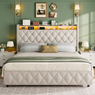 Queen Velvet Bed Frame with 4 Drawers, Tall LED Headboard & Charging Station, No Box Spring