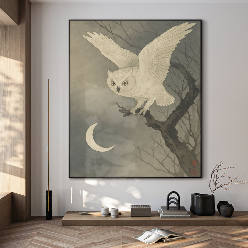 «Snowy White Owl and Crescent Moon Night», reproduction d'art sur toile encadrée - Très grand art mural encadré (assemblage requis)