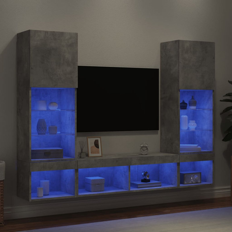  5 Piece TV Wall Units With LED Engineered Wood, Concrete Grey