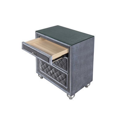 3 Bedside Chest With Velvet And Faux Crystal Pulls For Bedroom Gray Table Structure Tufting