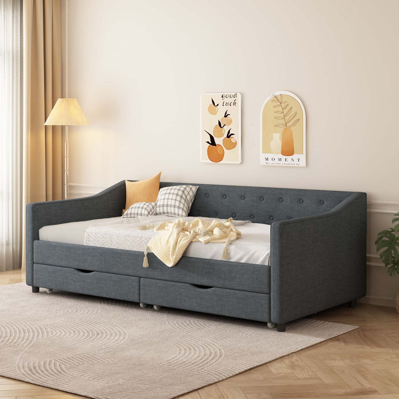 Canapé-lit rembourré capitonné avec accoudoirs en forme de jour avec accoudoirs ondulés - beige