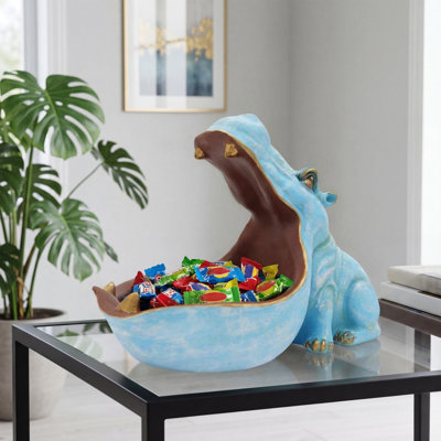 Statue de bonbon hippopotame en résine, grand bol de rangement de figurine d'hippopotame pour les clés, bonbon, bureau et décoration de table d'entrée, bleu clair
