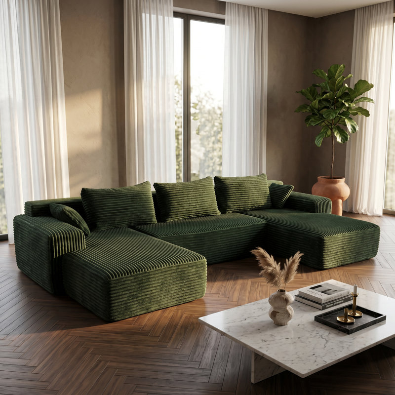Modular Sectional Sofa, No Assembly Compressed Foam Couch With Chenille Upholstery Boneless, Modern Low-Profile Living Room Sofa