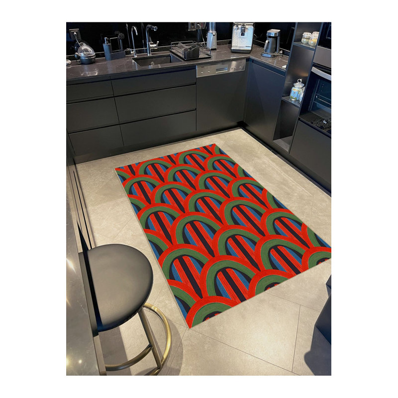 Tapis décoratif à motif abstrait tissé à la machine à motif abstrait vert et rouge Sun Collection