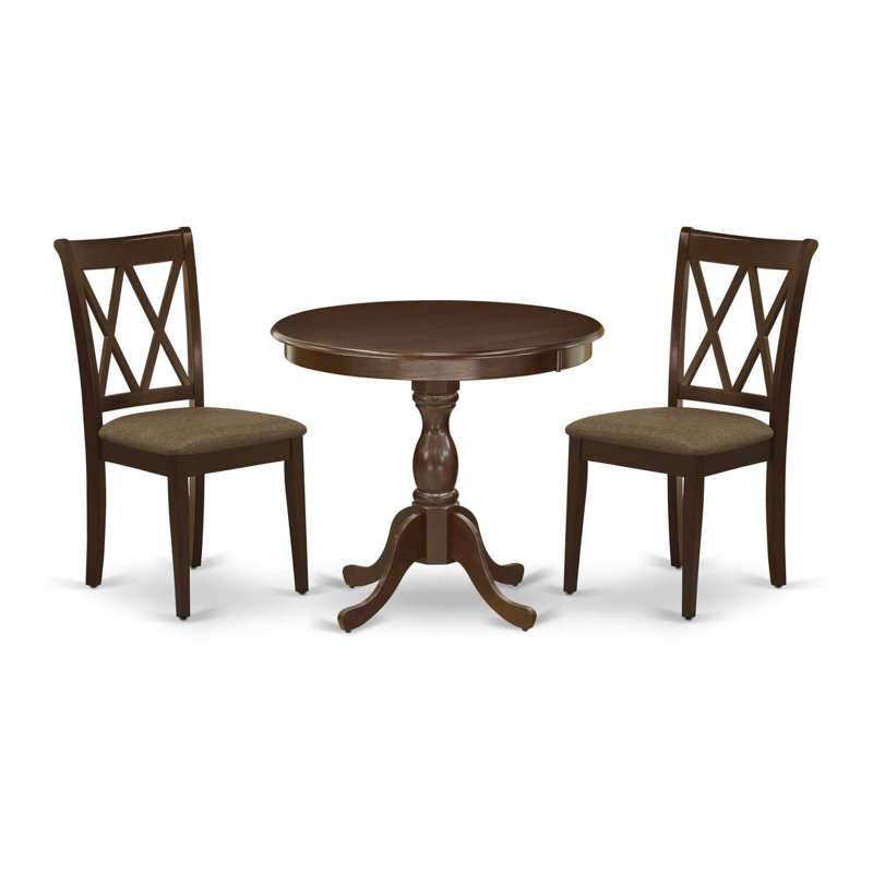 L'ensemble de table de salle à manger 3 pièces comprend 1 table de salle à manger à piédestal et 2 chaises de salle à manger en lin acajou avec double dossier en X - finition acajou