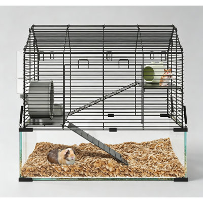 3-Tier Large Hamster Cage, Metal & Glass Small Animal Habitat with Ceramic Hideout, Running Wheel, Water Bottle & Feeding Bowl for Hamsters, Rats, Mice & Gerbils