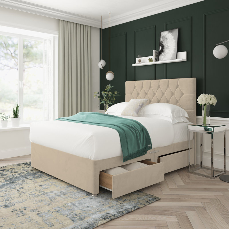 Upholstered Divan Bed, Left Side Drawers, Small Double (4'), Beige