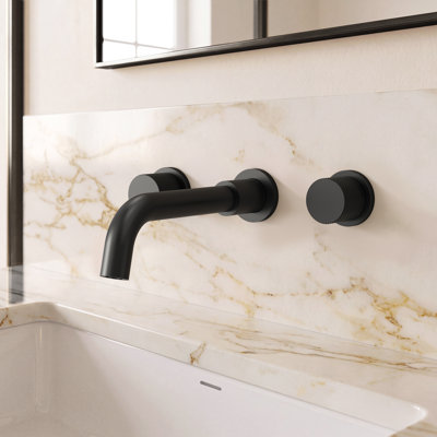 Robinet de salle de bain mural 3 trous, robinet de lavabo de salle de bain avec bonde, noir mat