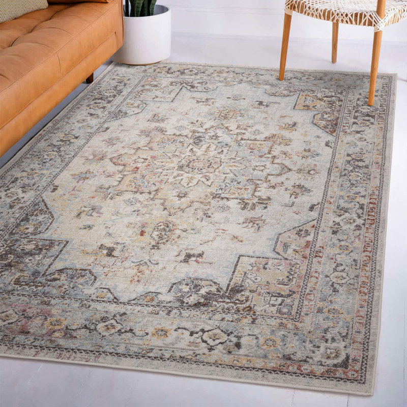 Cream Traditional Persian Bordered Abstract Floral Easy To Clean Rug For Dining Room, Rectangle 200 x 290cm, Chenille/Cotton