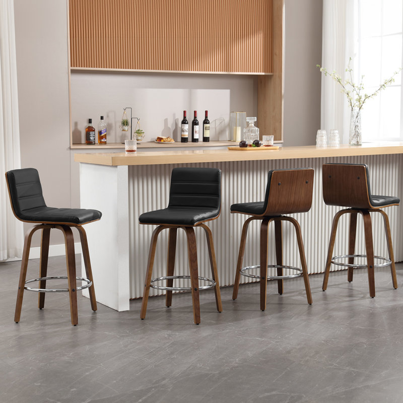 Swivel Upholstered Counter & Bar Stool With Solid Wood Frame and L-Shaped PU Leather Back, Black
