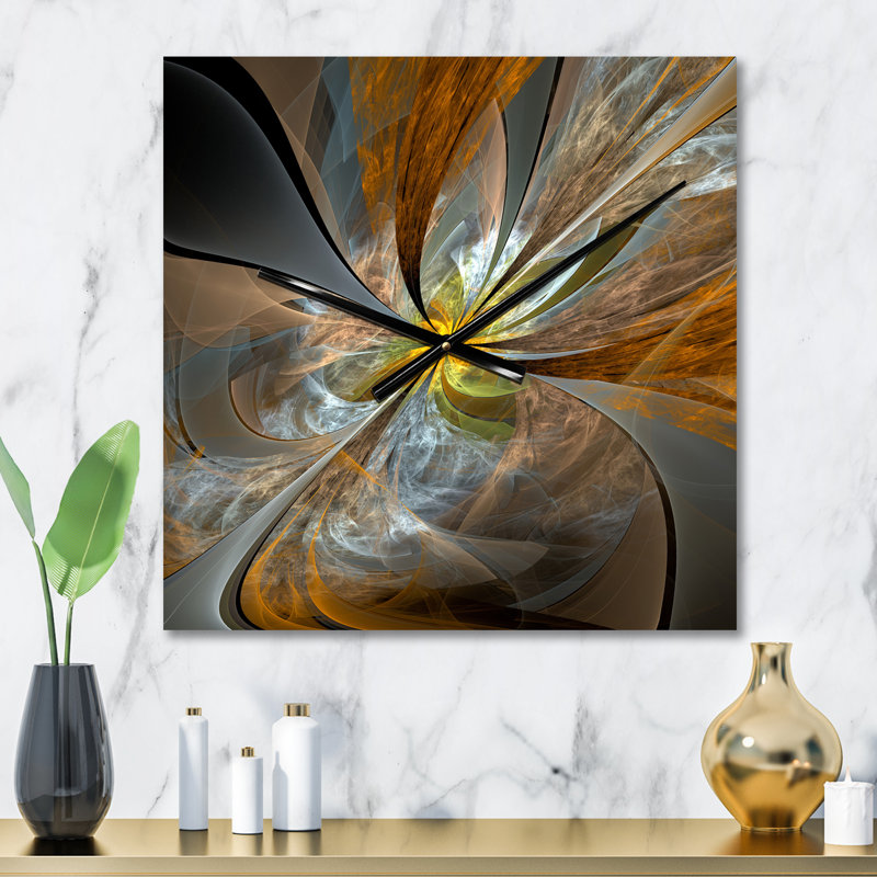Horloge murale symétrique jaune avec fleur fractale jaune, Petit