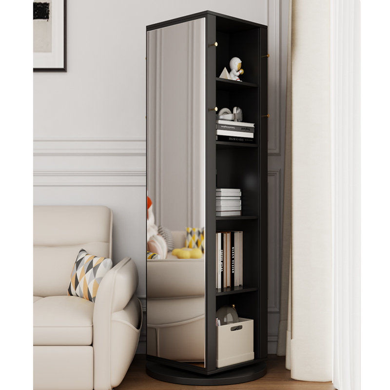 Rotating bookcase with mirror, (4 Shelves) 64.96" H x 21.65" W x 21.65" D, Black