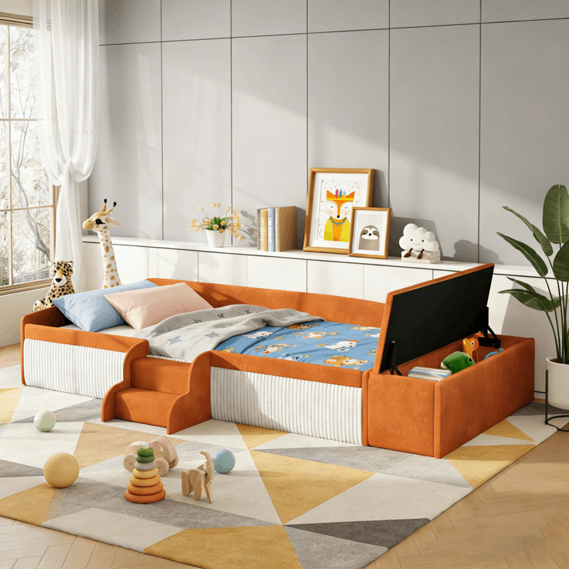 Modern Upholstered Montessori Bed With Storage Bench And Step Stool, Twin, Brown