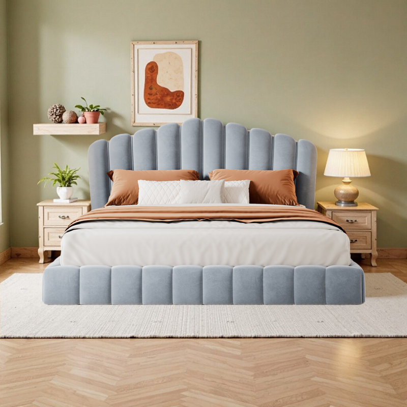 Structure de lit tapissier en velours avec tête de lit Coquille - Aucun sommier requis, Bleu