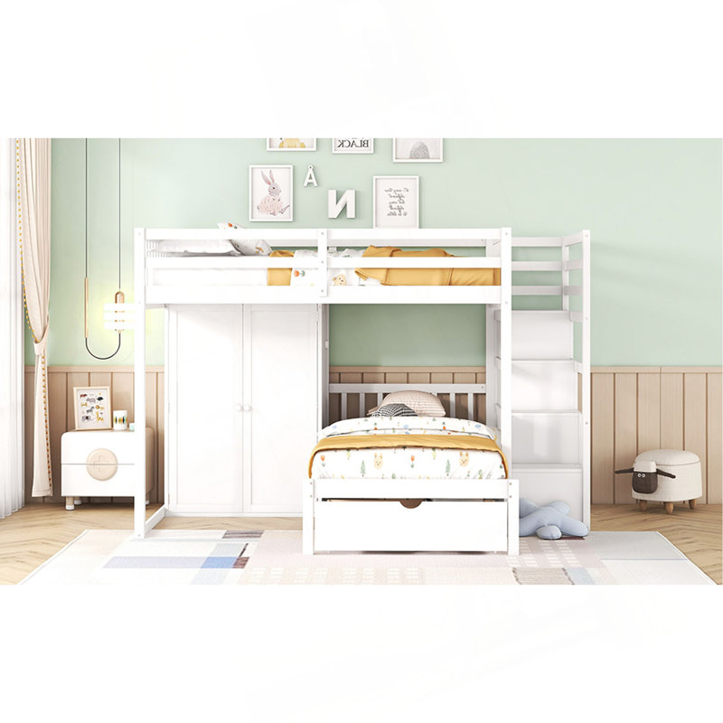 Lit superposé double au-dessus de simple avec garde-robe et tiroirs, Blanc