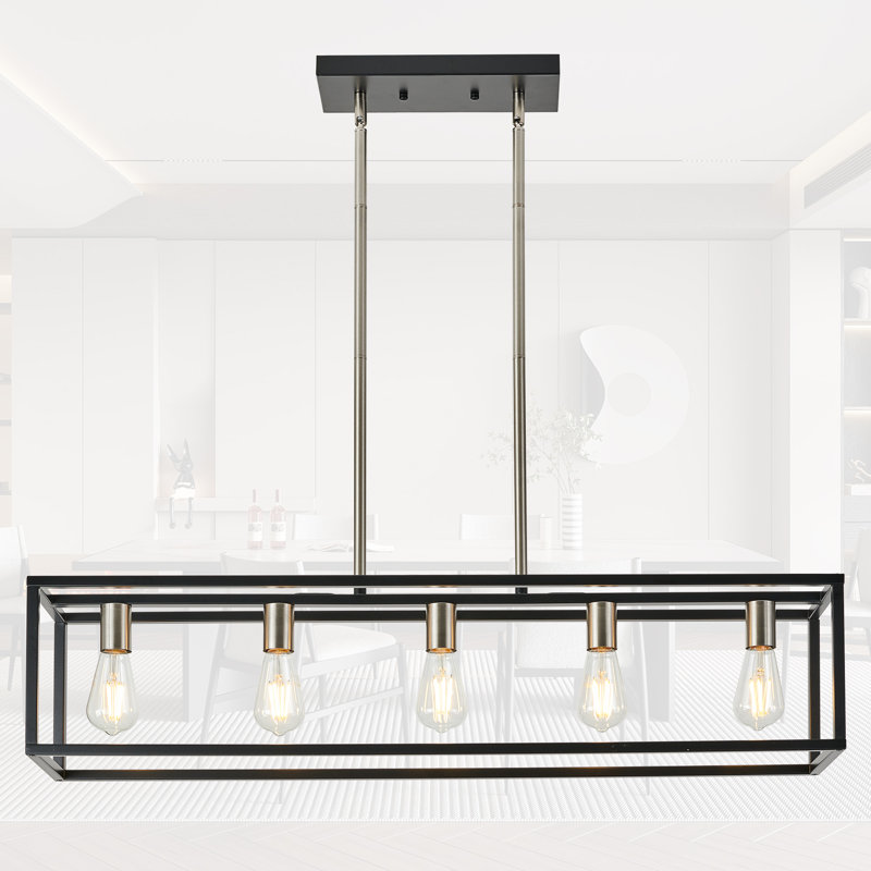 Luminaire suspendu linéaire à 5 lumières pour îlot de cuisine avec accents en fer forgé, Noir mat / nickel brossé