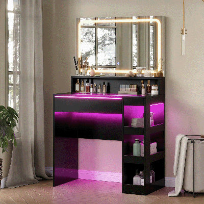 Vanity Desk with Illuminated Mirror & Power Outlet, Bedroom Dresser LED Mirror Stepless Dimmable & 3 Colour Modes Adjustable, LED Tempered Glass Top, Large-Capacity Storage Shelving, Black
