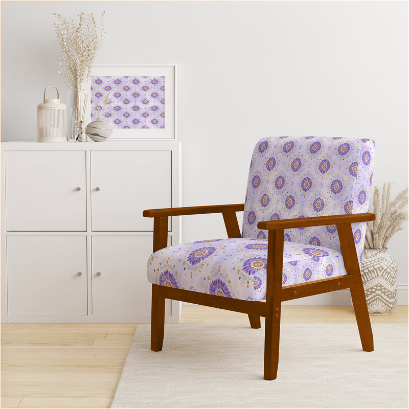 Chaise d'appoint moderne avec accoudoirs dorés boho mandala mauve et doré, Accoudoirs carrés bruns