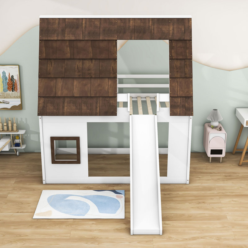 Minogue Kids Twin over Twin Wood House Bunk Bed with Roof, Ladder and Slide