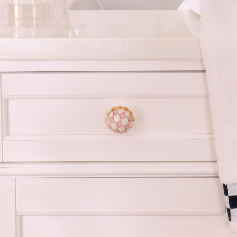 Check Round Knob, Pink/Gold Lustre, 1 1/2"