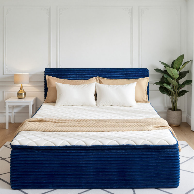Compression Packed All-in-one Plush Upholstered Platform Bed With Built-in Foam Mattress, Queen, Blue, Queen