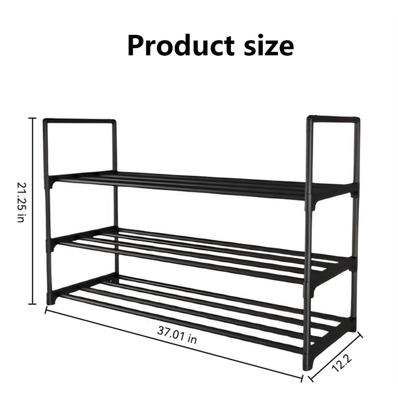 3-Layer Metal Shoe Rack, Adjustable Shoe Rack Storage Organizer With Hooks, Stackable Boot And Shoe Storage For Entrance, Hallway, Closet, Black