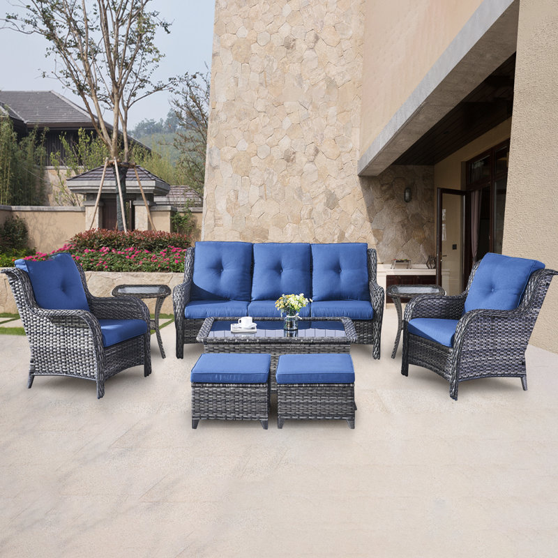 Bonia Wicker 5 - Person Patio Conversation Set with Cushions, Gray Frame/Blue Cushion 
