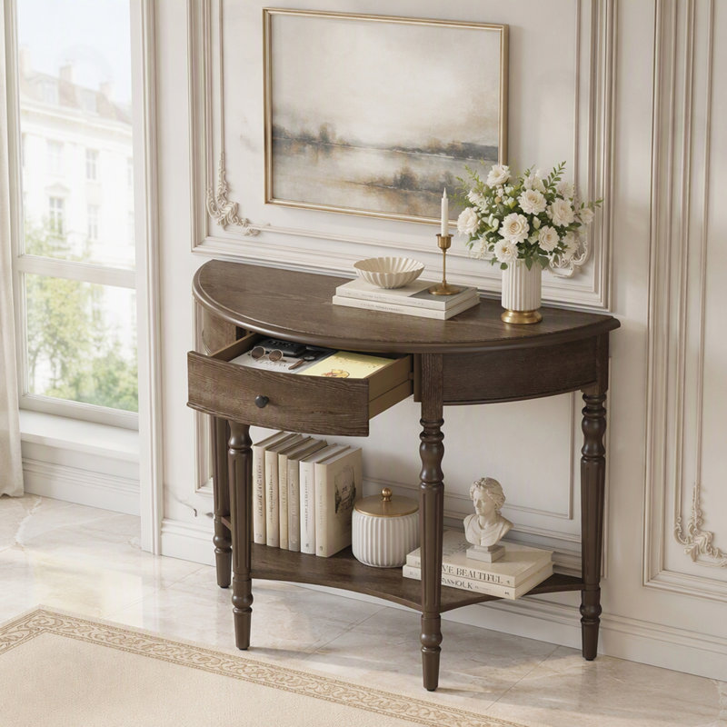 Console demi-lune avec tiroir et tablette, Noyer, Noyer, Noyer