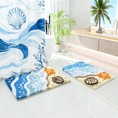 Coastal Ocean Wave Bath Mat, Soft Non-Slip Microfiber Nautical Rug With 3D Starfish And Shells, (Portrait)