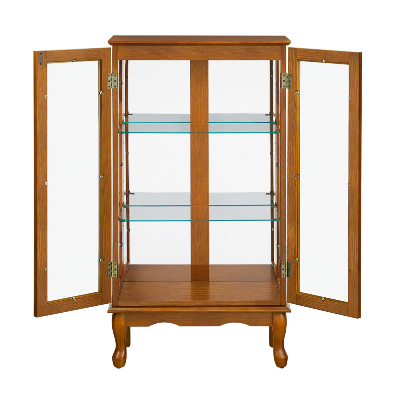Oak Curio Cabinet With Adjustable Shelves And Mirrored Back For Collectables Display Tempered Glass Doors Panel Collectibles