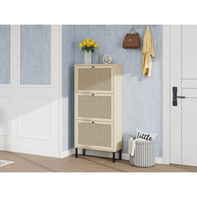 Rattan 3 Door Shoe Rack, Freestanding Modern Shoe Storage Cabinet, For Entryway