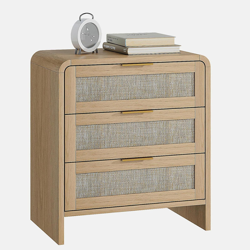Table de chevet 3 tiroirs, table de chevet en bois 22,8 po Rattan, Chêne