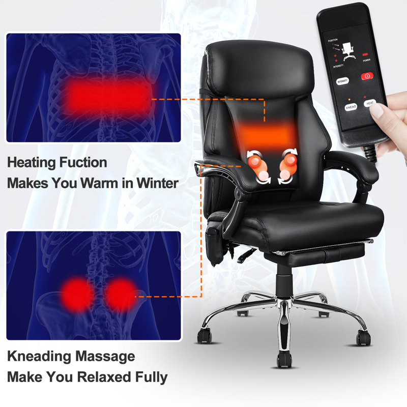 Adelinde Kneading Massage Office Chair with Heating Function, Height Adjustable, Footrest and Reclining Backrest, Black