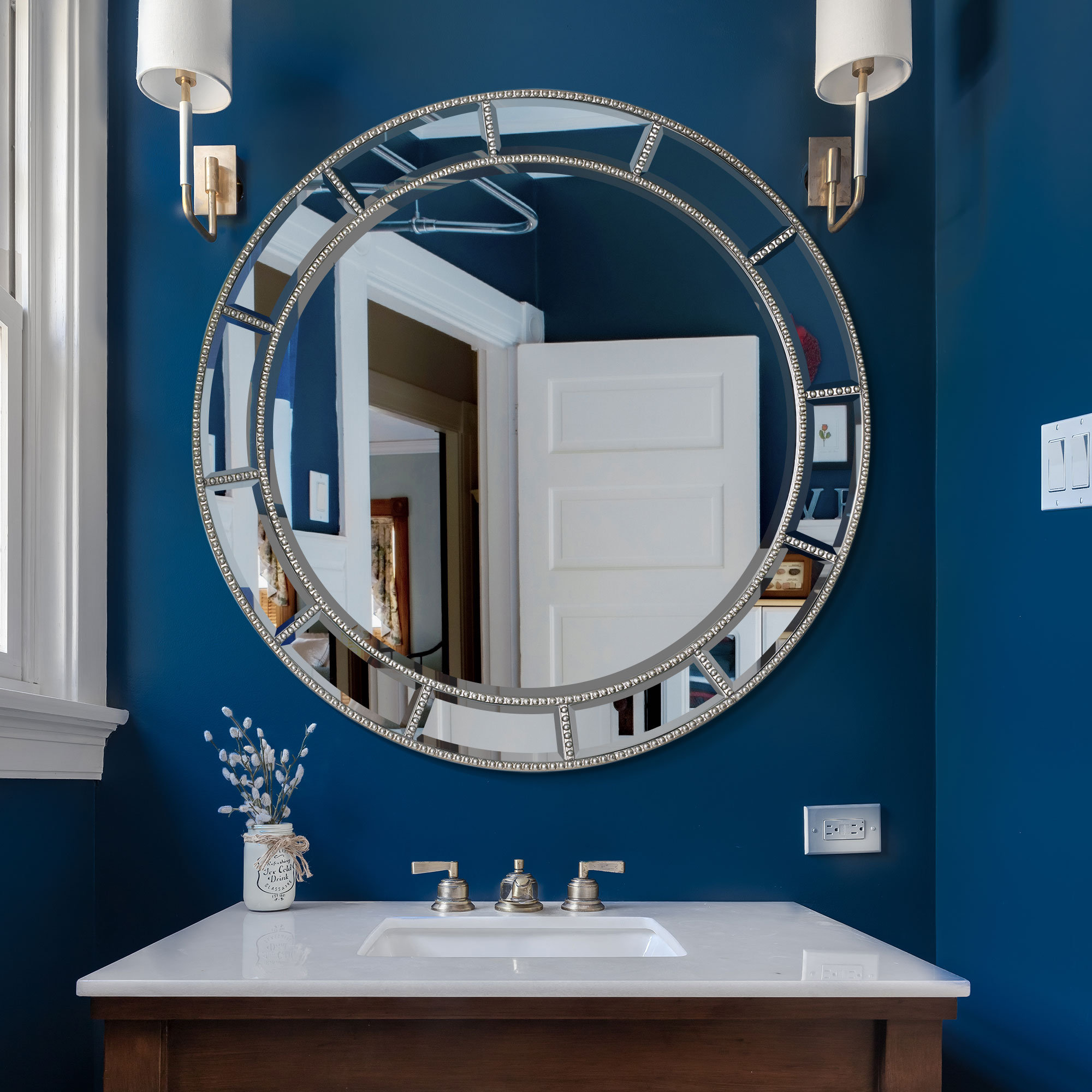 Rosdorf Park Beaded Champagne Silver Beveled Round Wall Mirror 30" X