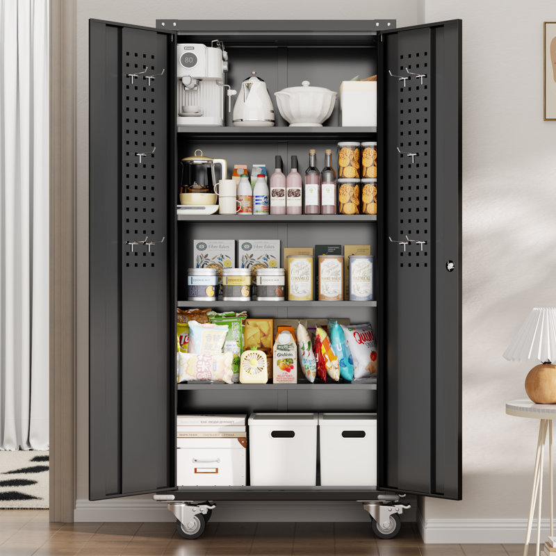 Armoires de rangement en métal avec roues et panneau perforé, armoire à outils roulante avec portes verrouillables et 4 tablettes réglables, noir (H 72 po x l 32 po x P 16 po)