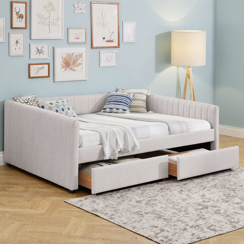 Queen Size Daybed Sofa Sleeper with Trundle & Storage Drawers - Beige Linen Upholstered Convertible Bed (86.5" x 65" x 30")