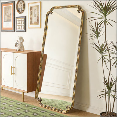 Miroir pleine grandeur avec support, grand miroir d'appoint 70,1 po x 31,9 po suspendu au sol ou suspendu au mur pour le salon de la chambre à coucher, or antique
