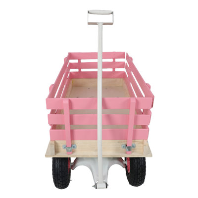 Pink Wooden Kids Pull Wagon With Removable Side Rails & All Terrain Wheels, Heavy Duty Outdoor Garden Cart For Toddlers, Portable Toy Wagon For Beach, Camping & Backyard Play