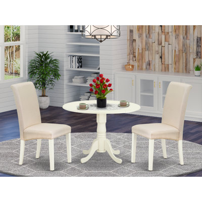 3 Piece Modern Dining Table Set Contains a Round Wooden Table with Dropleaf and 2 Cream Linen Fabric Upholstered Parson Chairs, 42x42 Inch, Linen White