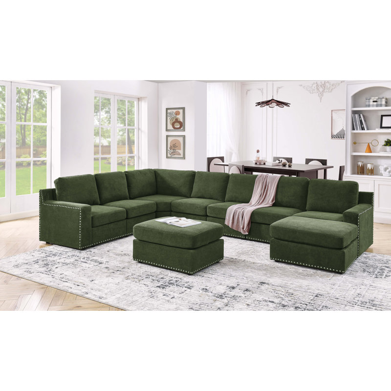 Aindriu 151.5" Wide Reversible Modular Large Sectional, Dark Green Polyester Blend