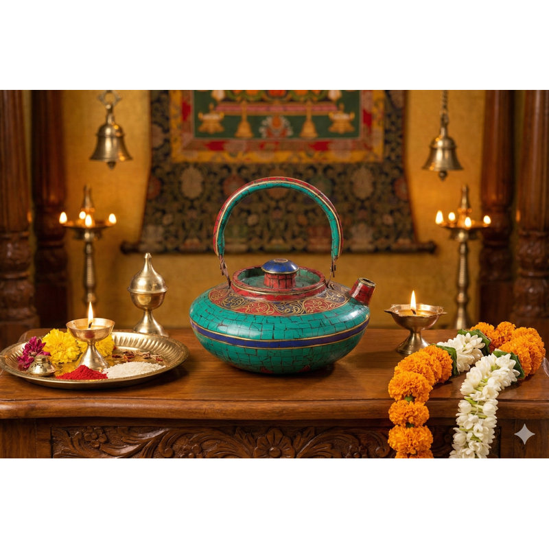 Handmade Copper Ritual Kettle with Gemstone Inlay | Turquoise Lapis Coral Gold Vine Design | Traditional Tibetan Buddhist Hindu Ceremony Water Vessel for Altar & Home Decor