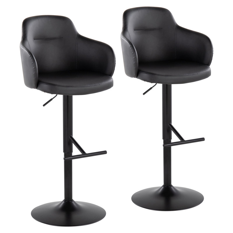 Lakyia Swivel Upholstered Adjustable Height Counter Stool with Metal Frame, Black Leather/Black Frame