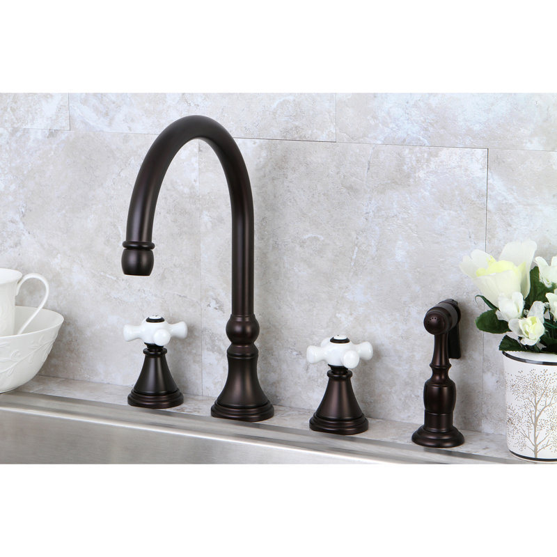 Kingston Brass Governor Double-Handle 4-Hole Widespread Kitchen Faucet with Brass Sprayer, Oil Rubbed Bronze