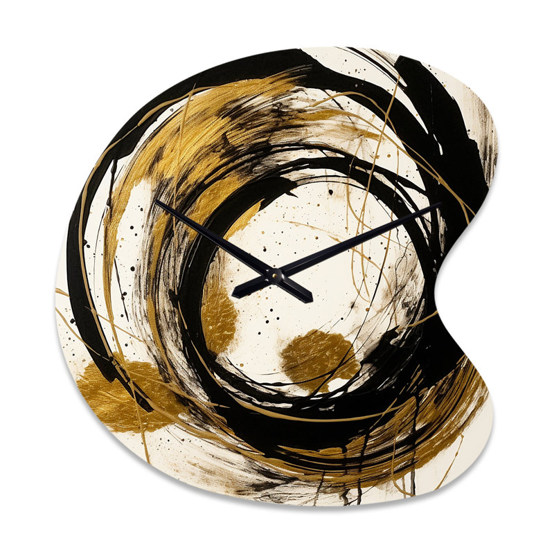 Noir et or «The Art of Chaos IV» - peinture abstraite horloge asymétrique en métal, impression d'horloge murale de forme unique noire