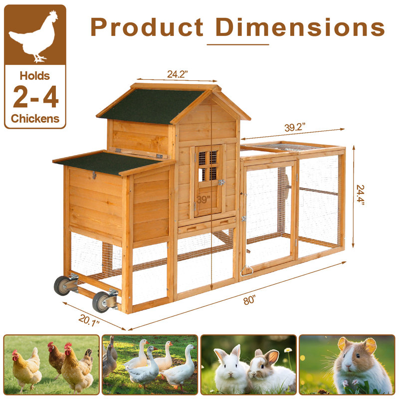 Poulailler en bois pour 3 poules, Natural Wood with Wheels