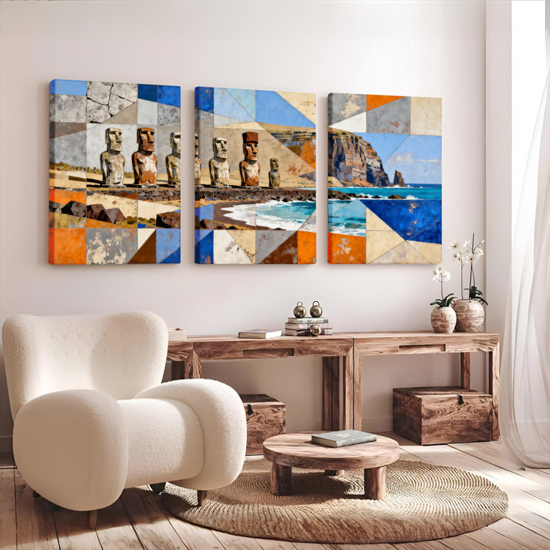 «Moai Statues and Easter Island Landscape Collage», reproduction d'art sur toile abstraite (ensemble de 3), H 30 po x l 60 po